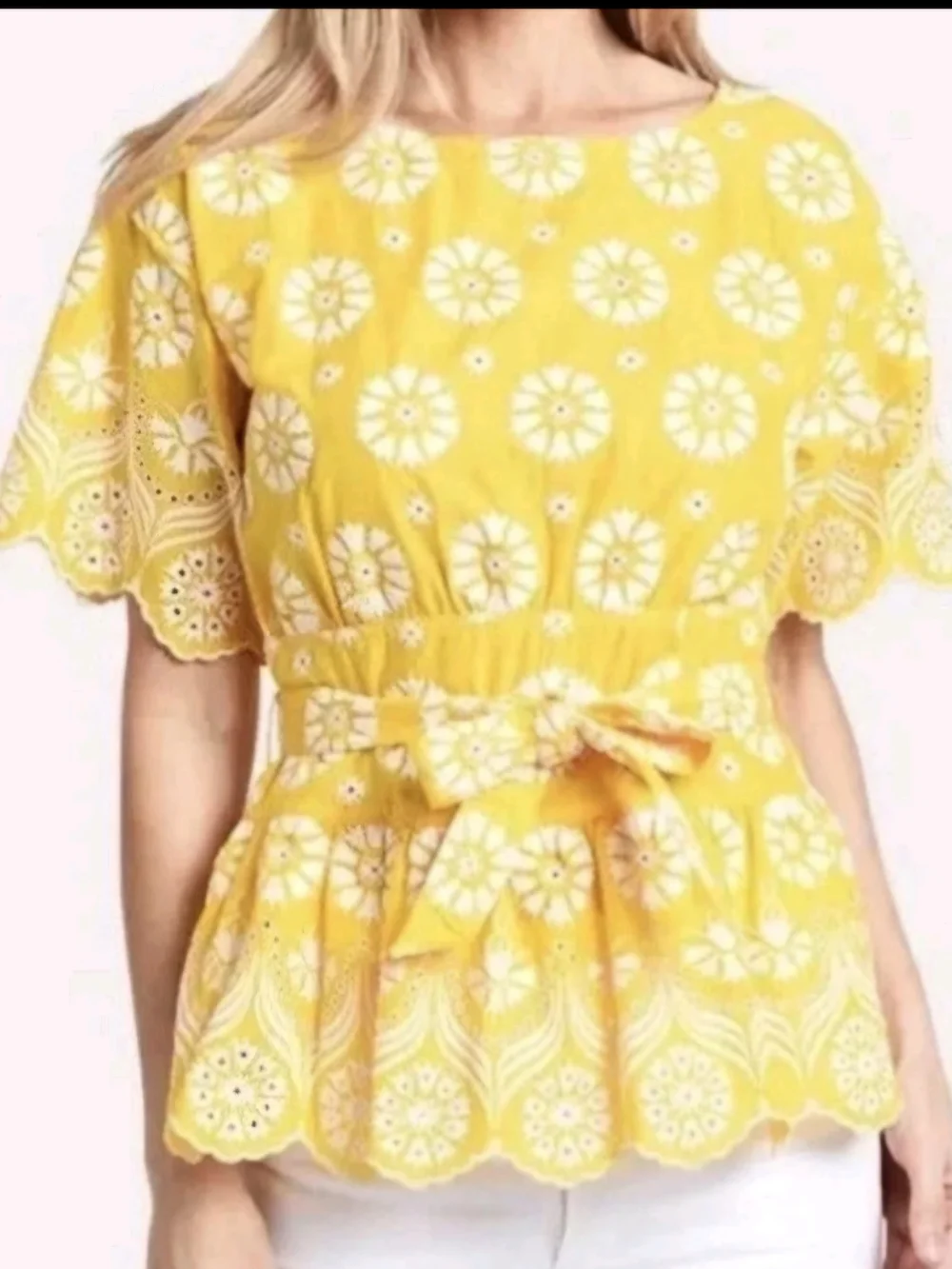 Tory Burch Yellow White Floral Eyelet Peplum Tunic